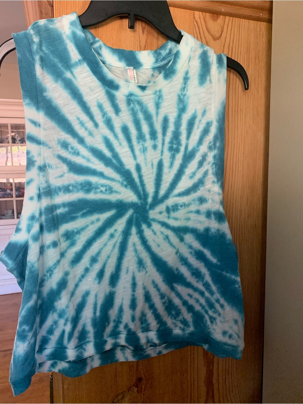 FP Movement by Free People Teal and White Tie-Dye Muscle Tee